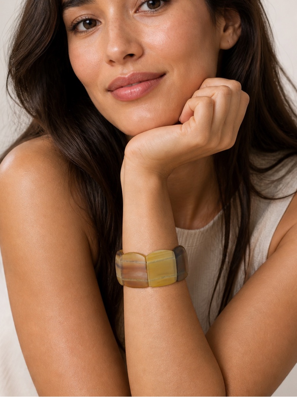 Natural Genuine Buffalo Horn Cushion Shape Stretch Bracelet Neutral Earth Tone